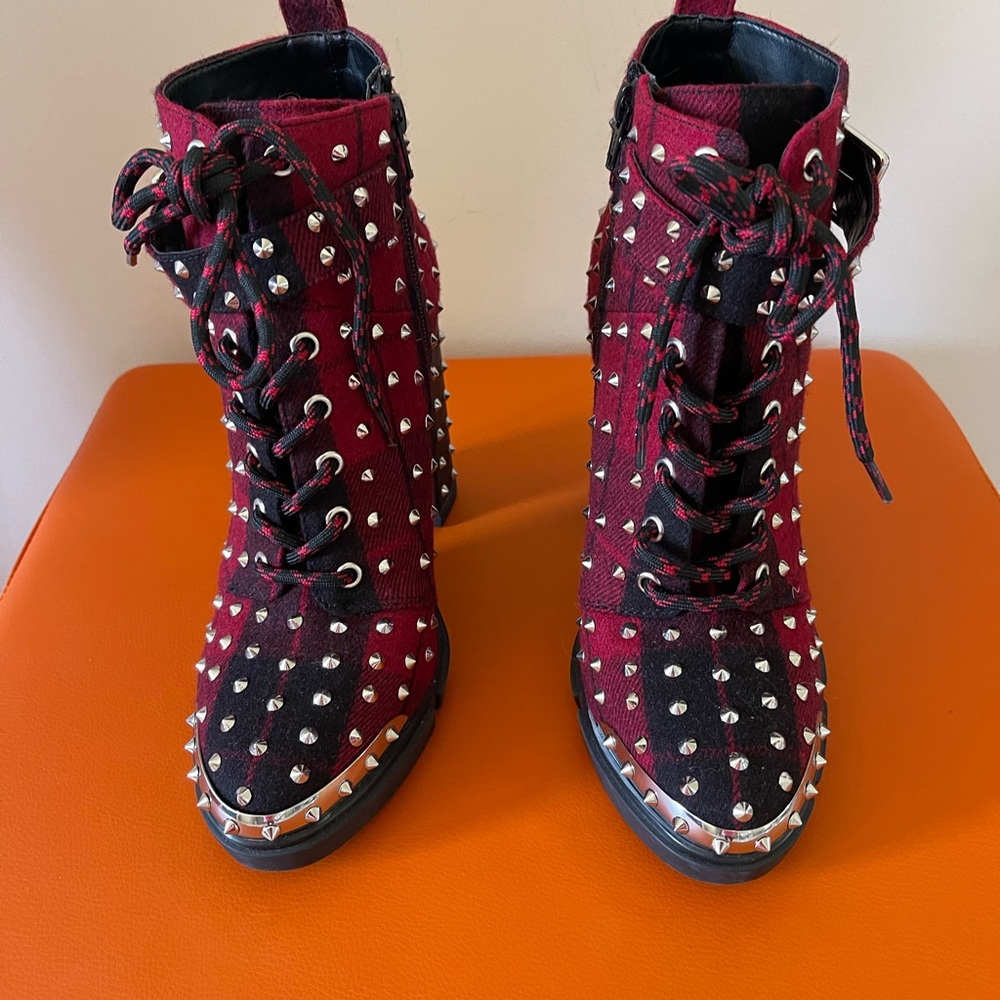 Gianni Bini Red and Black Combat Boots with Studded Details